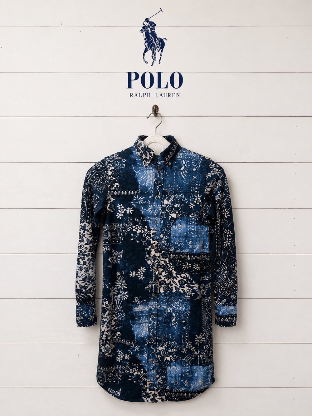 RALPH LAUREN Blue Patchwork Print Shirt Dress XS
